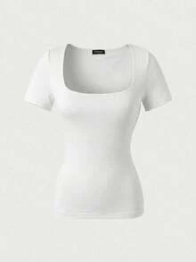 Blusa de cuello cuadrado de manga corta, elegante y versátil, adecuada para uso diario, ir al trabajo, salir, primavera y verano - Blanco perla - Ver 4