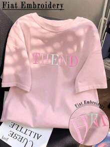 Camiseta ajustada casual de verano con bordado de letra para mujer - Rosa - Ver 3