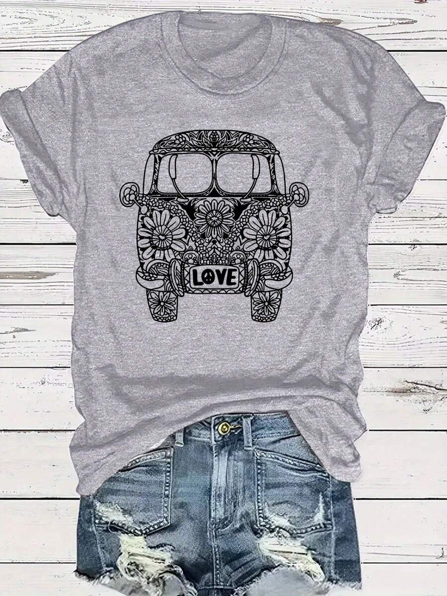 Camiseta estampada de diseño de nicho estilo , de manga corta y talla grande, top versátil para la calle en verano, top casual de cuello redondo, corte holgado y extragrande, para verano y primavera, ropa de mujer de talla grande. - Gris Claro - Ver 1