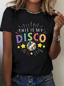 Camiseta de algodón puro con un estilo retro disco, con un estampado vibrante de bola de discoteca y estrellas coloridas, camiseta casual de moda para mujer en talla grande, de cuello redondo para primavera-verano, creativa y cómoda para el uso diario. - Negro - Ver 7