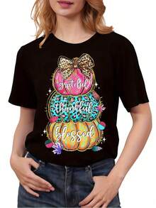 Camiseta de talla grande para mujer, de algodón puro, cuello redondo, negra, camiseta de Acción de Gracias, calabaza, Día de Acción de Gracias, otoño, camiseta, ropa fresca de verano para mujer. - Negro - Ver 1