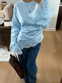 New Lace Patchwork Long Sleeve T-Shirt, Suitable For Dates, Vacations, And Everyday Wear In Spring/Summer - Light Blue - View 3