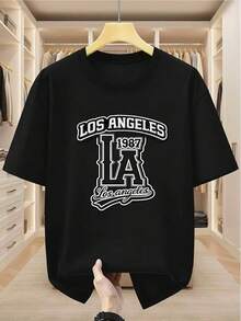 Camiseta de talla para hombre % algodón con estampado de letras Los Angeles LA 1987, cómoda y casual de manga corta para verano, TALLA - Negro - Ver 6