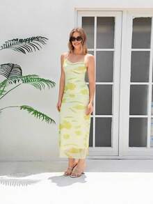 Nuevo Vestido Largo Tirantes Malla Estampada Escote Barco Estilo Chic Sensual - amarillo ganso - Ver 2