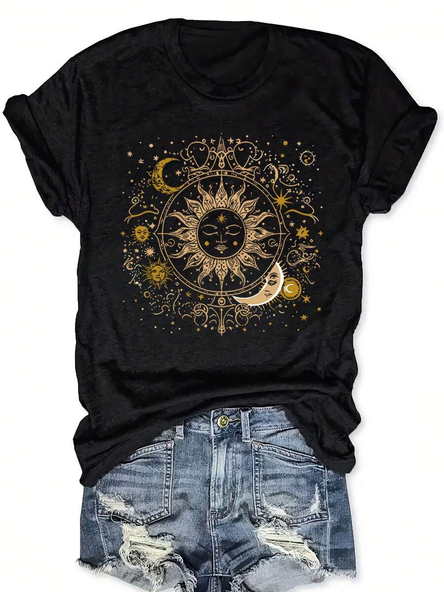 Women's T-Shirt With Solar System Design, Sun And Moon - Casual Knit Fabric, Round Neck, All-Season Comfort, Unisex Printed T-Shirt - Vintage Urban Style, Loose Fit Short Sleeve Cotton T-Shirt With Unisex Round Neck - 黑色 - 查看 1
