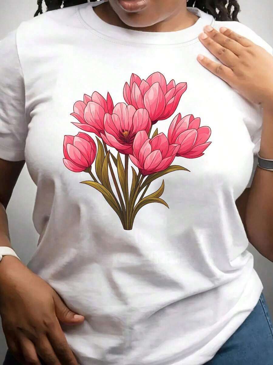 [Sports T-Shirt] Women's Casual Short Sleeve Floral Print T-Shirt - Vibrant Pink Daisy Design, Round Neck, Medium Elasticity, Lightweight Fabric For Spring/Summer/Autumn, Spring/Summer Top | Floral Print Top | Stretchy Fabric, Relaxed Plus Size T-Shirt, Women's Cotton T-Shirts, Black Blouse For Ladies - 白色 - 查看 1
