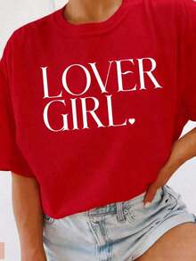 Soft, Breathable, And Lightweight For All-Day Comfort. 1 High-Quality Plus-Size T-Shirt, 1 Lover Girl Graphic Print T-Shirt With Slogan, 100% Cotton, Crew Neck, Casual Style For Women, Streetwear. Classic Crew Neck With A Relaxed Fit That Flatters All Body Shapes And Is Easy To Pair With Jeans, Shorts, And Leggings. - 紅色 - 查看 12