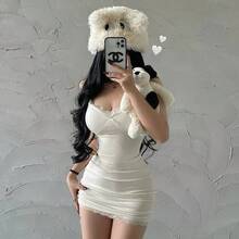 Vestido con tirantes de encaje para mujer, primavera y verano, con almohadillas para el pecho, falda Sexy ajustada y elegante con cuello bajo en la cadera - Albaricoque - Ver 5