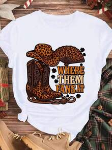 Elegant And Casual Short-Sleeved T-Shirt For Women, Cowboy T-Shirt With Hat And Boots Print Leopard Print For Halloween, With Fan And Rope Print, White T-Shirt For Women, Party Outfit For Autumn. - 白色 - 查看 3