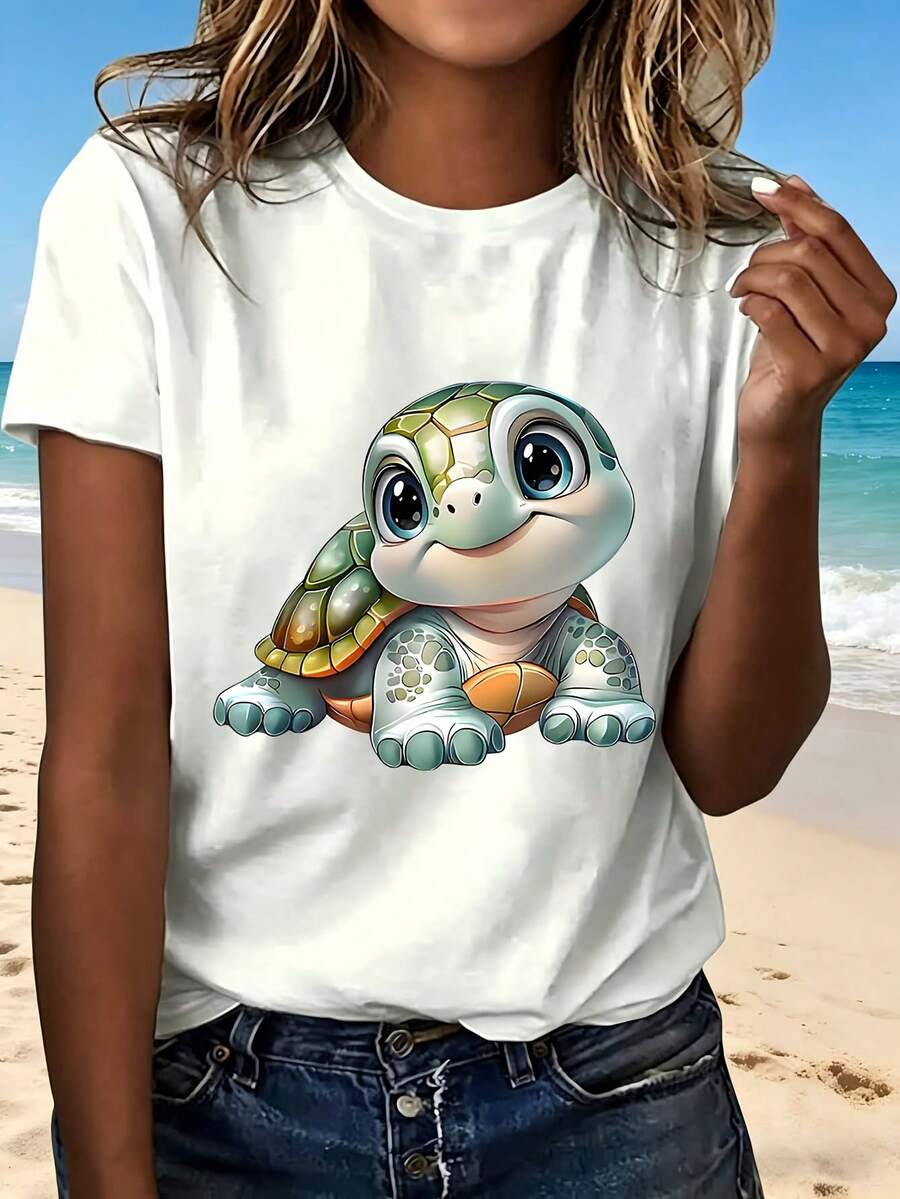 Cute Turtle Cartoon Print T Shirt With Adorable Design Fashionable Casual Wear For Beach Outings And Everyday Style Perfect Gift For Turtle Lovers And Kids - Blanco - Ver 1