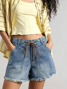 Women's Summer Wide Leg Denim Shorts With Drawstring And Multi-Pockets - Casual Streetwear For Daily - Baby Blue - View 2