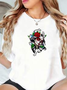 Camiseta de Mujer, Blusas de Mujer, Blusas Bonitas de Mujer, Ropa de Mujer, Conjuntos de Mujer, Stock Local. Camiseta de 180g en blanco y negro con diseño estampado de alta calidad de Catrina Mexicana y Rosas, cuello redondo, corte holgado, uso diario casual, unisex, transpirable, versátil, lavable a máquina, cómoda, tallas S a 2XL, ideal para uso diario casual, deportes, uso en todas las estaciones, diseño único de calaveras estilo mexicano. Blusas para salir para mujer. - Blanco - Ver 1