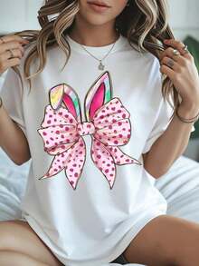 Camiseta negra con estampado de lazo de lunares rosados para mujer, camiseta gráfica de moda casual, top de verano, estilo lindo para chicas y mujeres. - Blanco - Ver 6