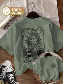 Camiseta de edición limitada con estampado gráfico, manga corta, cuello redondo, top casual para verano y primavera, ropa de mujer, algodón ligero. - Verde - Ver 1