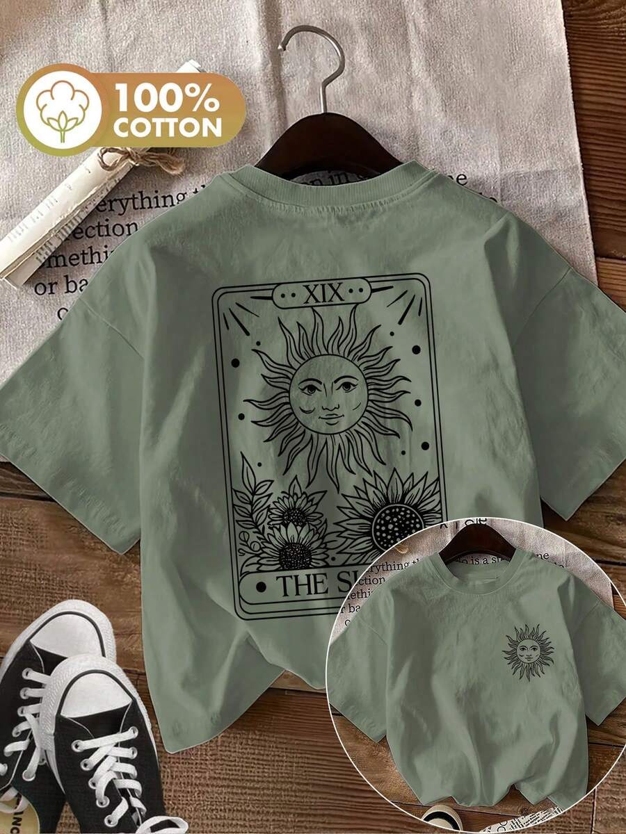 Camiseta de edición limitada con estampado gráfico, manga corta, cuello redondo, top casual para verano y primavera, ropa de mujer, algodón ligero. - Verde - Ver 1