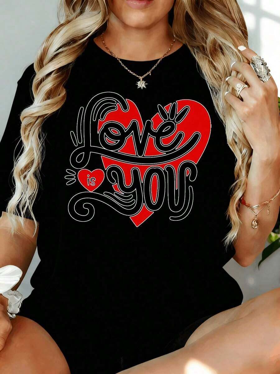 Camiseta Casual para Mujer con Estampado 'Love Is You Heart', Blanca, Talla Grande, Regalo de San Valentín, 180g, para Ocio en Casa y al Aire Libre, Regalo para Fiesta de San Valentín - Negro - Ver 1