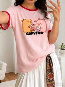 1pc Girls' Pink Contrast Trim Capybara & Milk Tea Print Short Sleeve T-Shirt, Summer New Cute Cartoon Pattern With Red Ringer Design, Loose Fit Round Neck - Pink - View 1