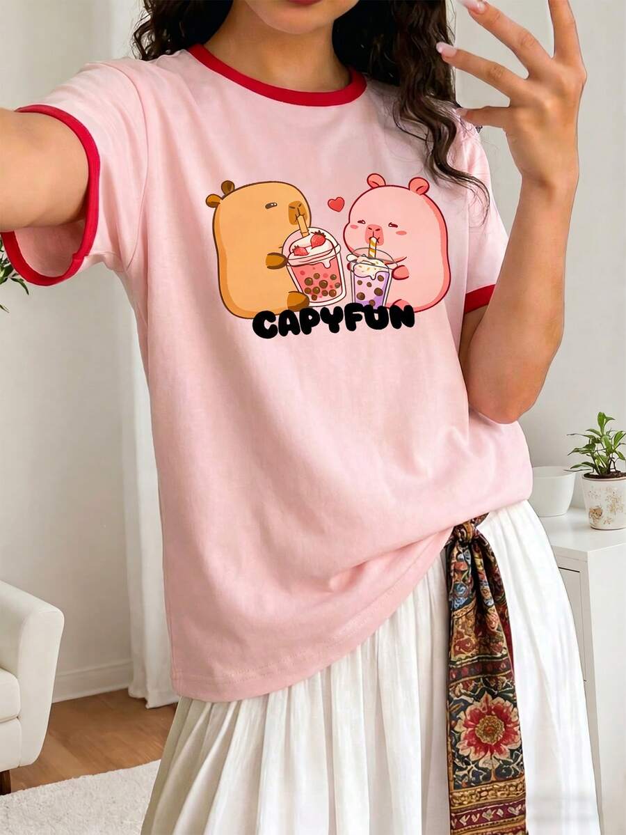 1pc Girls' Pink Contrast Trim Capybara & Milk Tea Print Short Sleeve T-Shirt, Summer New Cute Cartoon Pattern With Red Ringer Design, Loose Fit Round Neck - Pink - View 1