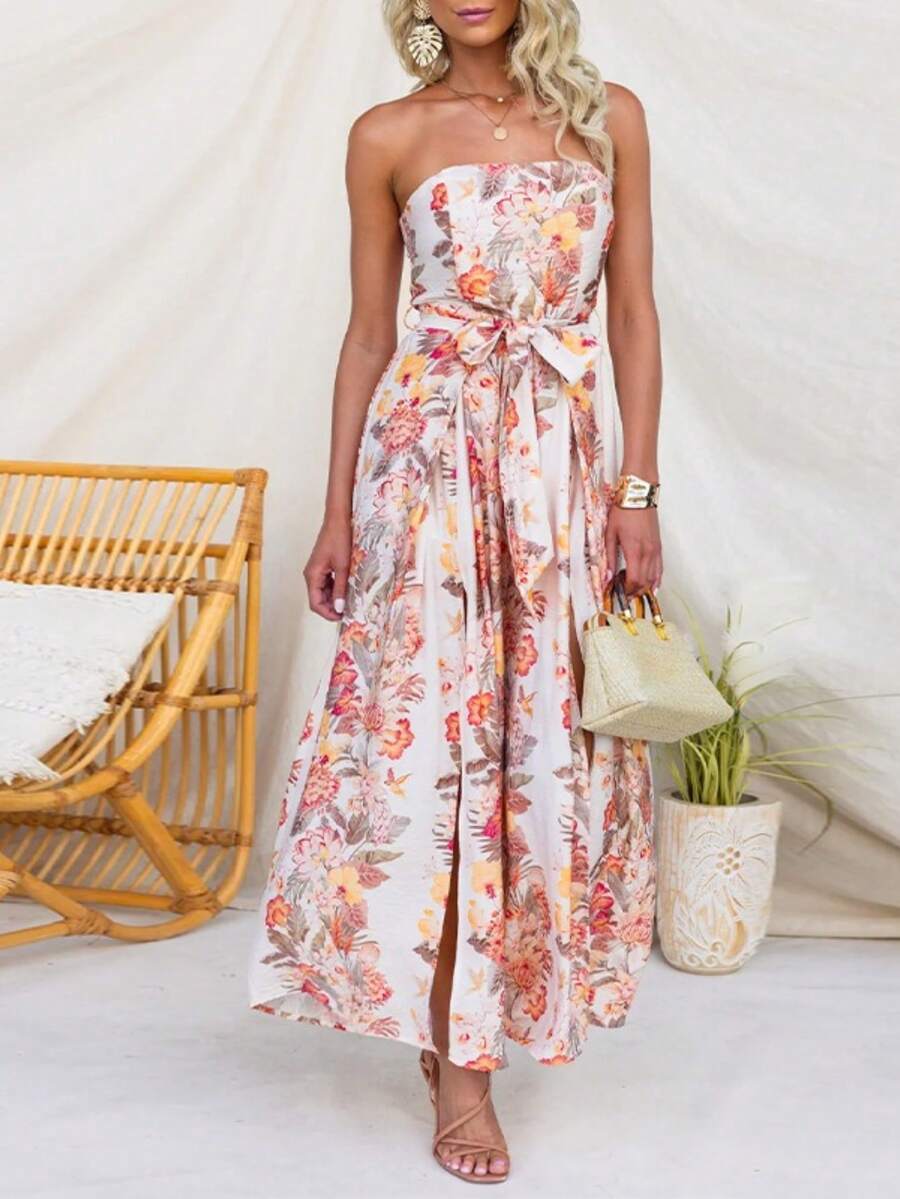 Vestido largo strapless estampado primavera con abertura estilo europeo casual elegante para mujer moderna - Rojo - Ver 1