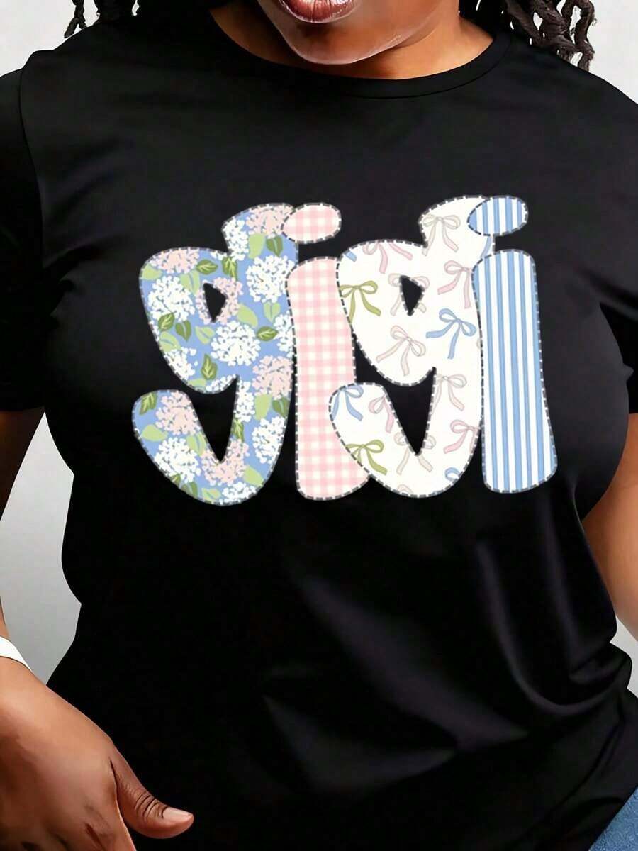 Floral Gigi T-Shirt, Cute Spring T-Shirt For Grandma, Flirty Gigi T-Shirt, Floral Spring Gigi T-Shirt, Birthday Gift For Mom, Gift For Her - 黑色 - 查看 1