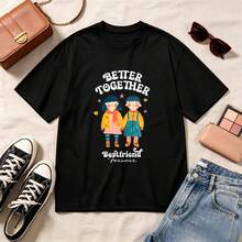 Kawaii, Best Friends, 100% Cotton, Oversized, Soft Breathable, Casual Crewneck, Short Sleeve Top, Summer Vibes, Streetwear, Spring Vibes - Negro - Ver 1