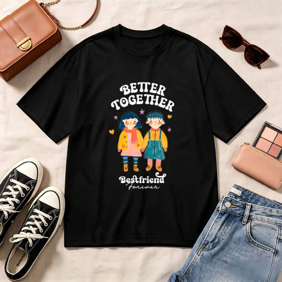 Kawaii, Best Friends, 100% Cotton, Oversized, Soft Breathable, Casual Crewneck, Short Sleeve Top, Summer Vibes, Streetwear, Spring Vibes - Negro - Ver 1