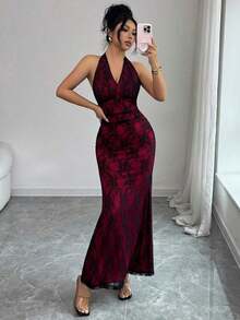 xheRafferiza Elegante vestido largo de punto con malla, cuello en V, cintura fruncida y bajo de cola de pez con forro rojo rosa para mujeres, otoño/inviernoxhe - Multicolor 5 - Ver 3