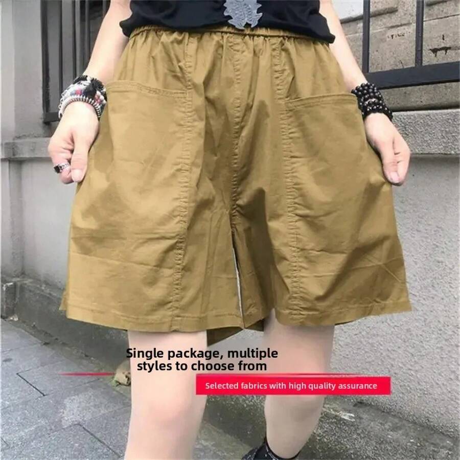 Ropa de trabajo de algodón para mujer, pantalones cortos holgados de cintura alta, pantalones informales de pierna ancha de cinco cuartos, prendas de vestir exteriores de moda de verano - Caramelo [paquete individual B003] - Ver 1