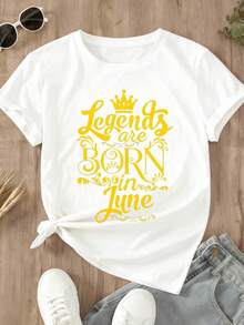"Legends Are Born In June" Women's T-Shirt, Birthday Gift, Black And Gold Crown Print Design, Fashion Casual T-Shirt, 100% Pure Cotton, Bohemian Style. - 白色 - 查看 3