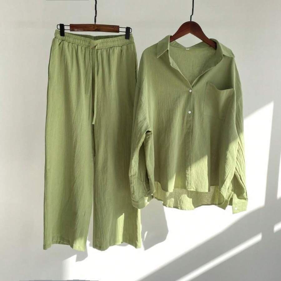 Women's Button-Down Shirt And Wide Leg Pants Two-Piece Loungewear Set, Oversized Top With Chest Pocket, Elastic Waist Pants, Relaxed Fit Silhouette, Casual Minimalist Style, Perfect For Loungewear, Errands, Brunch And Relaxed Outings - màu xanh lá cây - Xem 1