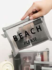 多色時尚網格海灘包，印有「Beach」字樣的化妝包，海灘主題。大容量透明化妝包，尼龍拉鍊盥洗包，輕巧，可存放防曬霜、零食、比基尼和海灘必需品。春/夏儲物，耐用，非常適合游泳、海灘、潛水和夏季度假、返校，輕巧防曬儲物袋，適合朋友、母親節、返校季節 - 彩色 - 查看 4