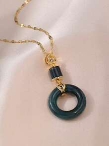 1 pièce Collier pendentif en jade vert foncé plaqué or, chaîne élégante et délicate pour femmes - Doré - Voir 6