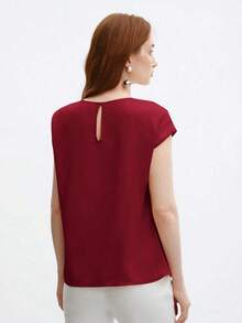 Blusa nueva de primavera/verano con diseño de hombros plisados de cuello redondo en azul, camisa elegante y única para salidas, oficina, ocasiones formales, moda básica profesional casual de alta gama, invitada de boda, fiesta, estilo del milenio, - Burdeos - Ver 3