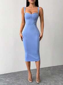 Vestido midi ajustado y entallado con parte trasera dividida, copa de busto y cadera azul - Azul - Ver 4
