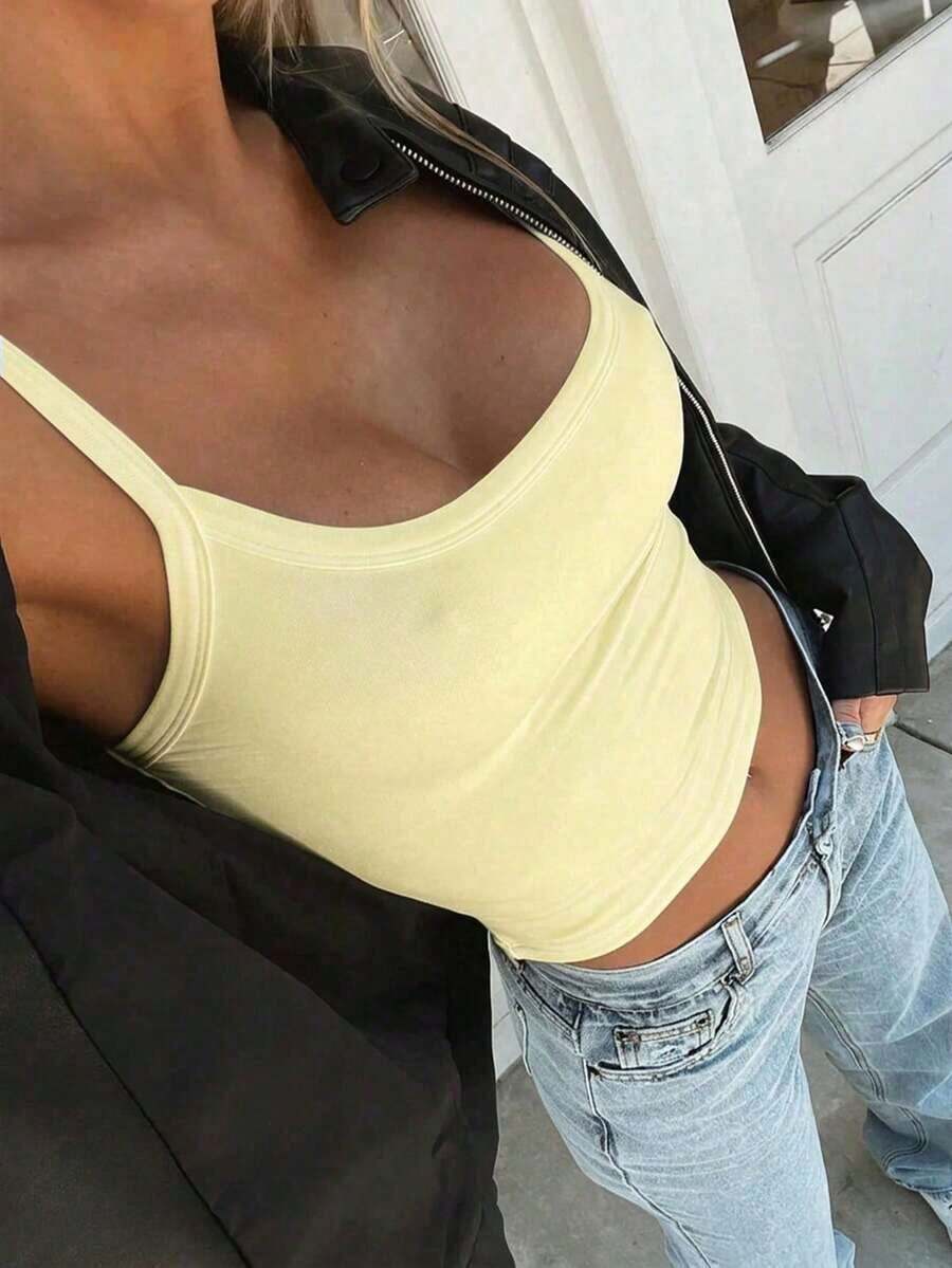 Top de lencería de moda para mujer camiseta sin mangas de cuello redondo ajustada de estilo casual y sexy para primavera/verano, adecuada para uso diario y viajes a la oficina - Amarillo - Ver 1