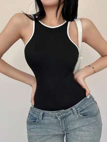 Body ajustado y sexy con ribete de color contrastante para mujer - Negro - Ver 6