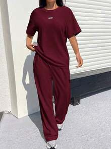 Conjunto informal de camiseta holgada y pantalones con textura mostaza para mujer - Rosa Roja - Ver 5