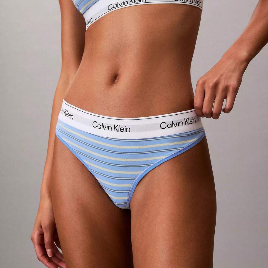 Calvin Klein Calvinklein Icon Cotton Modal Thong Underwear Women Panties 100% Cotton Fully Lined Gusset QF8518 - Pulse Stripe Blue Descent - 查看 1