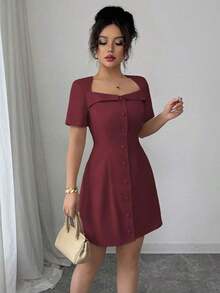 Vestido corto de manga corta con cuello trapezoidal elegante, volantes y botones en la cintura, corte evasé, adecuado para el trabajo, primavera/verano - Granada - Ver 4