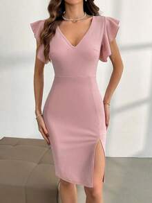 Vestido Con Abertura En El Dobladillo Y Mangas Con Volantes - Rosa - Ver 6