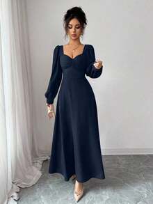 YHHElenzga Vestido largo elegante de mujer con cuello cuadrado, mangas abultadas y cintura ceñida, adecuado para el uso diarioYHH - Azul marino - Ver 8