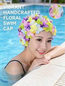 1PC Double-Layered Floral Swimming Cap,Lightweight And Stretchable,Ideal For Short & Medium Hair,Pool, Beach,Vacation, Water Sports,Hair Protection From Chlorine & Sun,Fashionable Swimwear Accessory,Poolside & Beach Essentials - Multicolor - View 6