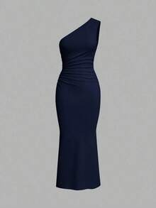 Vestido largo de tipo cola de pez minimalista con hombro asimétrico en color liso, arrugado, para uso diario casual - Azul marino - Ver 6