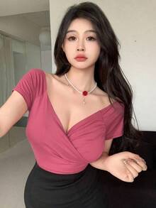 Camiseta básica de manga corta y escote envolvente de color liso versátil y casual, parte superior azul - Rosa - Ver 5