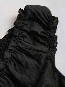 Camisa de mujer de manga corta con botones de madera, volantes y rayas verticales texturizadas en estilo retro francés, adecuada para primavera/verano, casual y citas - Negro - Ver 4