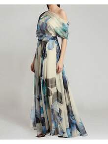 Elegant Women's Floral Print Asymmetrical Wrap A Line Midi Dress With Regular Sleeves - 藍白色 - 查看 3