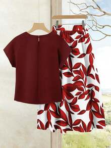 Set de 2 piezas Blusa de unicolor + Falda estampada con flores moradas de estilo casual de vacaciones para mujer, Conjunto de verano para mujer, Conjunto de falda y blusa, Conjunto de falda y blusa para mujer, Conjunto de falda estampada de pri - Multicolor 13 - Ver 2
