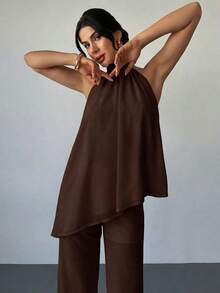 Conjunto de blusa y pantalones rectos holgados de mujer, elegante y casual para oficina, de gasa rosa con cuello de halter sin mangas y dobladillo asimétrico suelto, nuevo para primavera/verano - Marrón - Ver 5