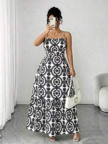 Vestido elegante de mujer talla grande con tirantes finos, cintura fruncida y diseño evasé, con estampado de hojas de dos colores, diseño evasé estilizador, elegante y sofisticado, adecuado para volver al colegio, graduación, San Valentín, festiva - Negro - Ver 4