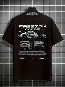 Passion Racing Unisex Graphic T-Shirt, White, Lightweight, Breathable, Short Sleeve, Round Neck, With Front And Rear Car Design, Casual Sporty Style For Training, Running, Outdoor Activities, Vacation, Lightweight Fabric - 黑色 - 查看 1